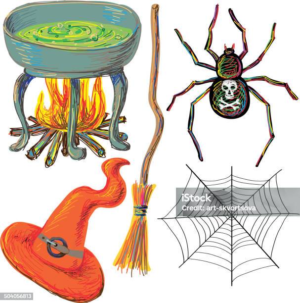 Ilustración de Halloween Celebración y más Vectores Libres de Derechos de Araña - Araña, Caldera - Herramientas industriales, Caldero