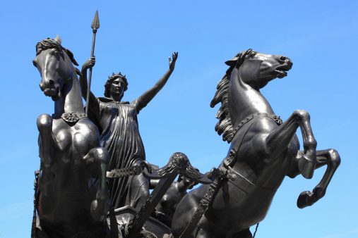 Queen Boudica’s (Boudicea) statue stands at the north end of Westminster Bridge. London, England, UK,  Boudica the queen of the British Iceni tribe of Norfolk led an uprising against the Roman occupation in AD61