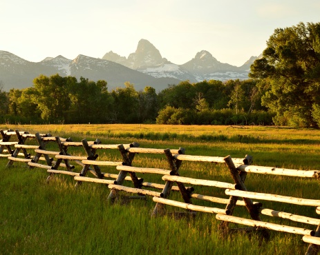 A beautiful view of the Tetons with a sun-kissed fence early in the morning.