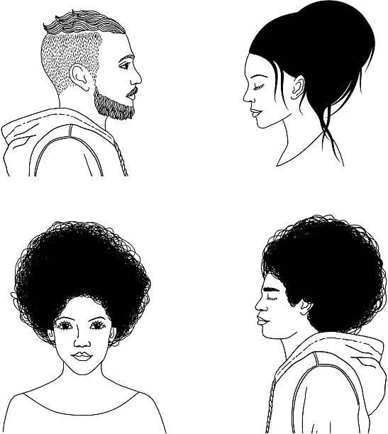 ilustraciones, imágenes clip art, dibujos animados e iconos de stock de conjunto de cuatro dibujados a mano retratos de hombres y mujeres - afro man