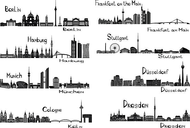 Eight cities of Germany Vector illustration of silhouettes of 8 cities of Germany - Berlin, Frankfort on the Main, Hamburg, Stuttgart, Dusseldorf, Munich, Dresden, Cologne brandenburg state stock illustrations