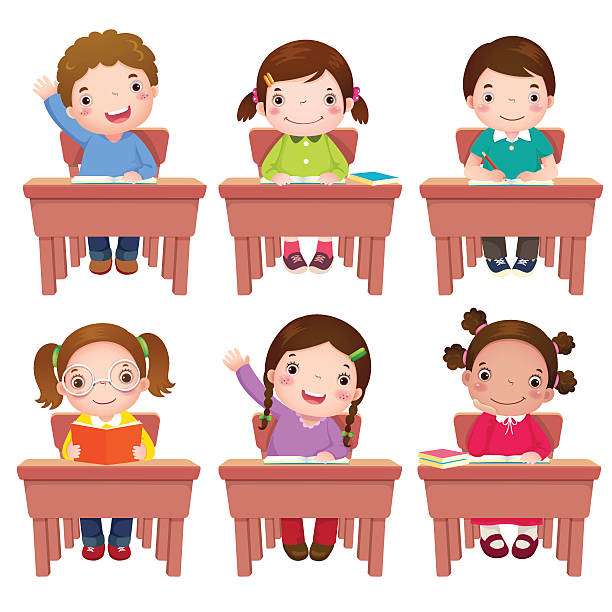School kids sitting on table Collection of school kids sitting on table desk clipart stock illustrations
