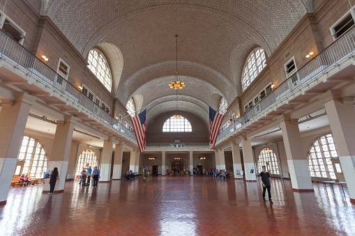 New York, USA - June 13, 2014: The historic Registry Room on Ellis Island, where millions of the nation's immigrants were processed.