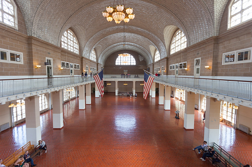 New York, USA - June 13, 2014: The historic Registry Room on Ellis Island, where millions of the nation's immigrants were processed.