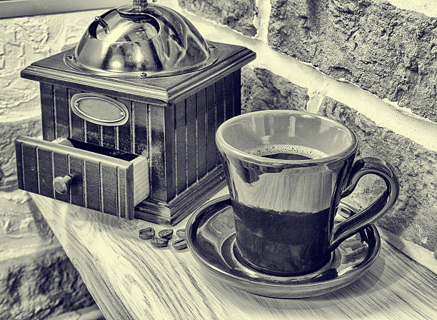 cup of coffee, coffee grinder. still life