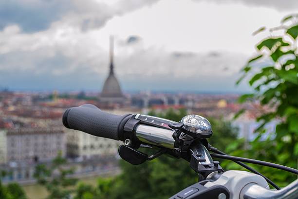 Detail of bicycle and landscape of Turin (Piedmont, Italy) stock photo