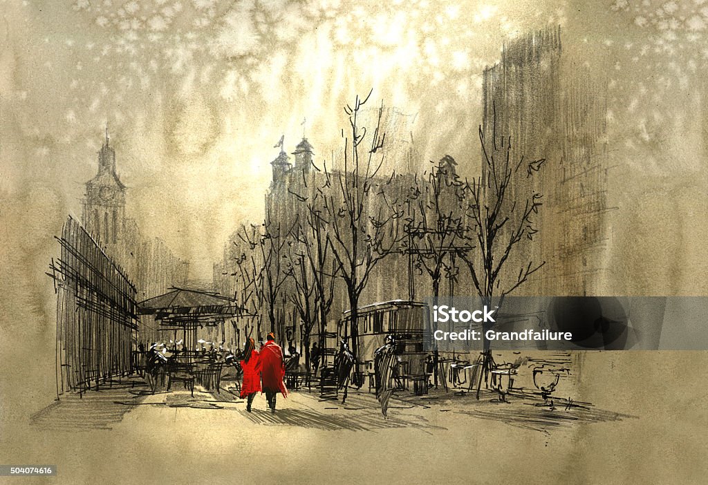 couple in red walking on street of city couple in red walking on street of city,freehand sketch Retro Style stock illustration
