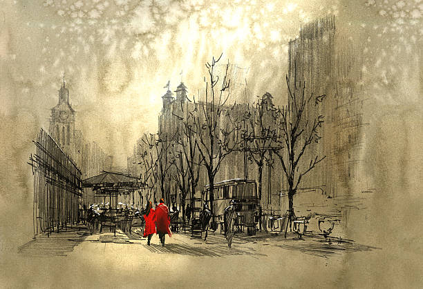 couple in red walking on street of city couple in red walking on street of city,freehand sketch romantic styles stock illustrations