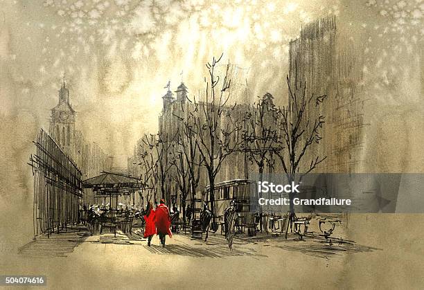Couple In Red Walking On Street Of City Stock Illustration - Download Image Now - Retro Style, Old-fashioned, Romance