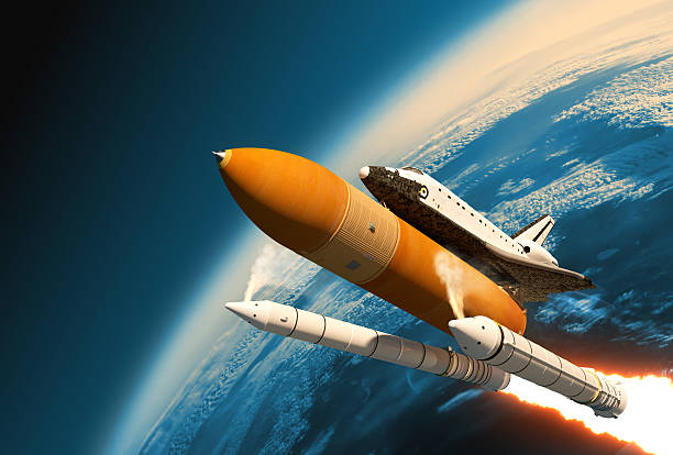 Space Shuttle Solid Rocket Boosters Separation In Stratosphere Space Shuttle Solid Rocket Boosters Separation In Stratosphere. 3D Scene. rocket booster photos stock pictures, royalty-free photos & images