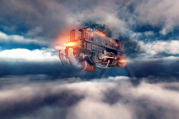Steampunk airship flying train in the sky.