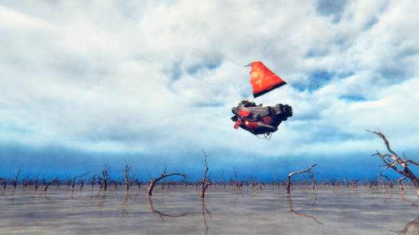 istock Steampunk airship flying over fantasy landscape 504076626