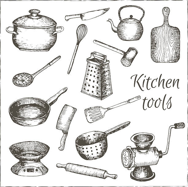 illustrations, cliparts, dessins animés et icônes de collection de vector de main tirées les ustensiles de cuisine. - kettle foods