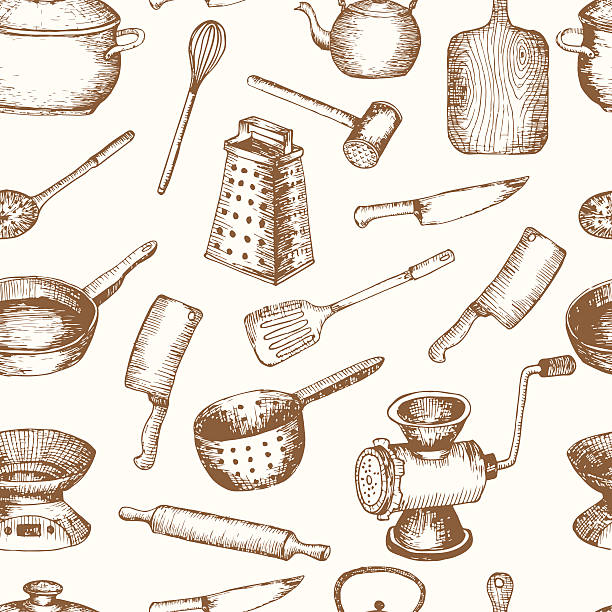 ilustrações, clipart, desenhos animados e ícones de vetor de utensílios de cozinha desenhada à mão padrão sem emendas. - kettle