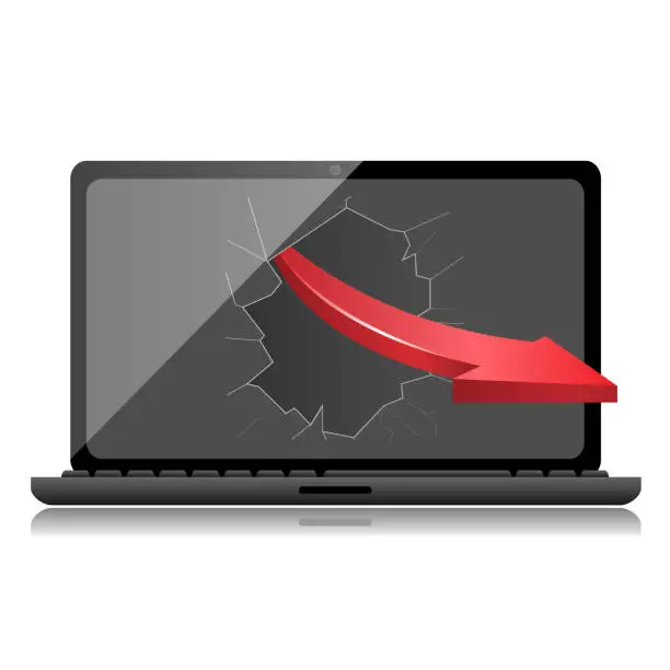 Vector illustration of Broken Black Laptop with red arrow