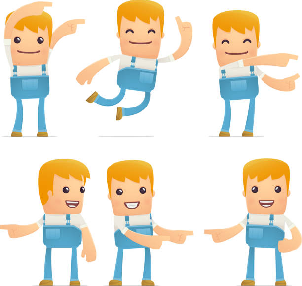 set of mechanic character in different poses vector art illustration