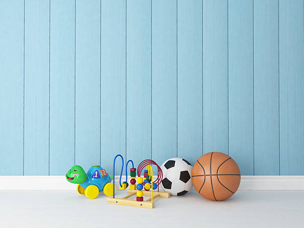 toys with blue wooden background
