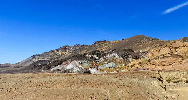 The variegated slopes of Artists Palette in Death Valley, California. Various mineral pigments have colored the volcanic deposits found here.