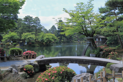 Kanazawa Japan - 6 June, 2014: Beautiful Kenrokuen Garden in Kanazawa Japan, one of the Three Great Gardens of Japan.