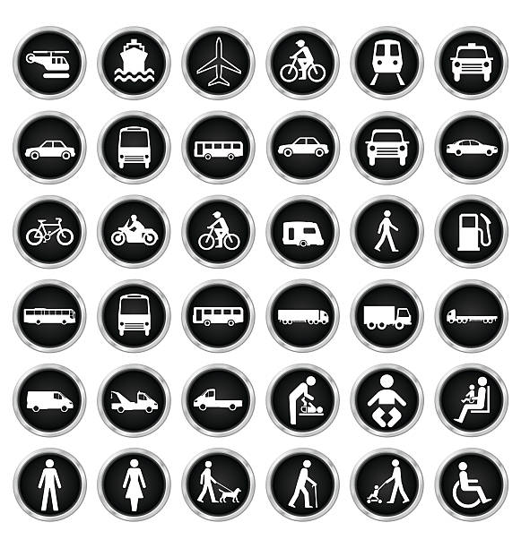 Transport and people Icon collection Black and white private commercial transport and people related icon collection isolated on white background  monochrome clothing stock illustrations