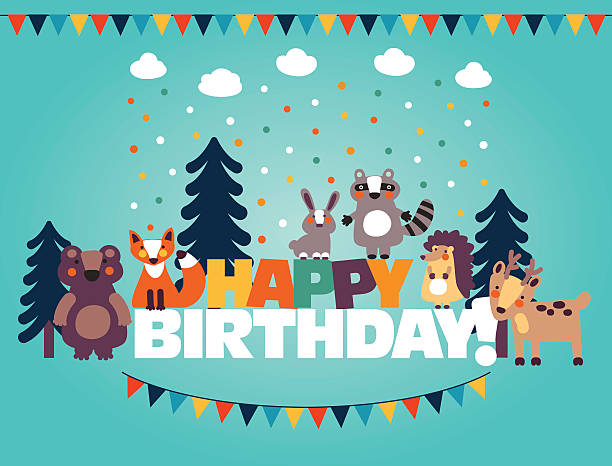 illustrazioni stock, clip art, cartoni animati e icone di tendenza di felice bella carta di compleanno, con divertente carina animali e garlands - baby congratulating toy birthday