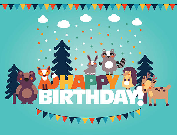 ilustrações de stock, clip art, desenhos animados e ícones de lindo feliz aniversário, cartão com engraçado engraçado de animais e garlands - baby congratulating toy birthday
