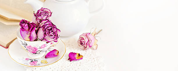 istock Dry roses and vintage cup on white background 504101232