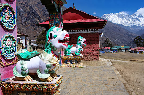 Buddhist stupa and prayer flags on a mountain path in Nepal on Everest Base Camp trek in Himalaya mountains. Chorten shire with Buddha eyes in high mountains landscape