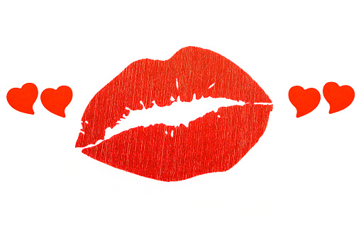 Red lips in red quotes the shape of heart