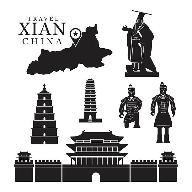 Travel Xian, China, Objects Mono Set Terracotta Warriors, Qin Shi Huang Emperor, Historical Site terracotta soldiers stock illustrations