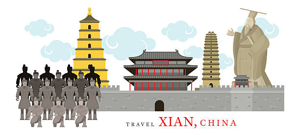 Travel Xian, China Terracotta Warriors, Qin Shi Huang Emperor, Historical Site qin dynasty stock illustrations