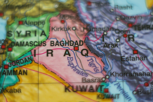 Photo of a map of Iraq and the capital Baghdad .