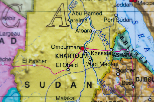 Beautiful photo of a map of Sudan and the capital Khartoum.