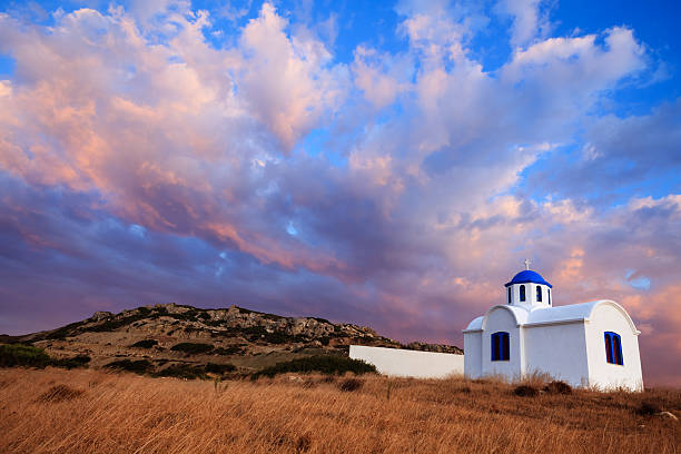 Traditional Greek church in blue and white colors (Karpathos, Greece).