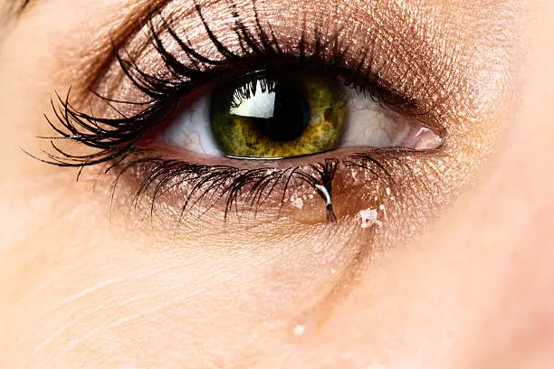 Macro shot of beautiful, frame-filling, single golden-green eye that is filled with tears. This is a tragedy.
