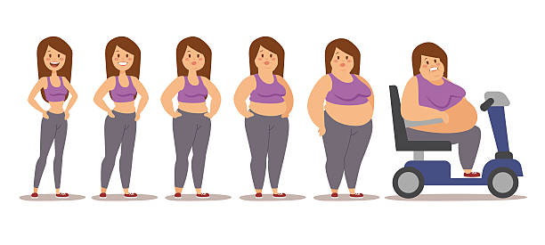 ilustraciones, imágenes clip art, dibujos animados e iconos de stock de fat man de estilo de dibujos animados de diferentes etapas ilustración vectorial. obesidad de proceso - common women teenage girls exercising