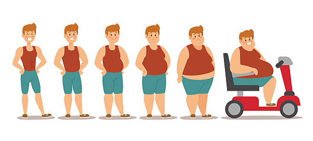 Fat man cartoon style different stages vector illustration. Obesity process Fat man cartoon style different stages vector illustration. Fat problems. Health problems. Fast food, strong sport and fat people. Obesity process people illustration humphrey bogart stock illustrations