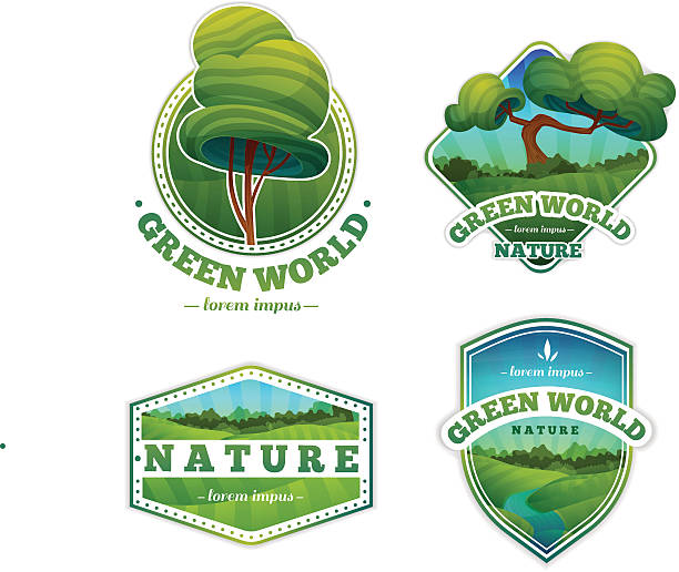 Photo of Set of badges with nature, landscape, trees. Cartoon style.