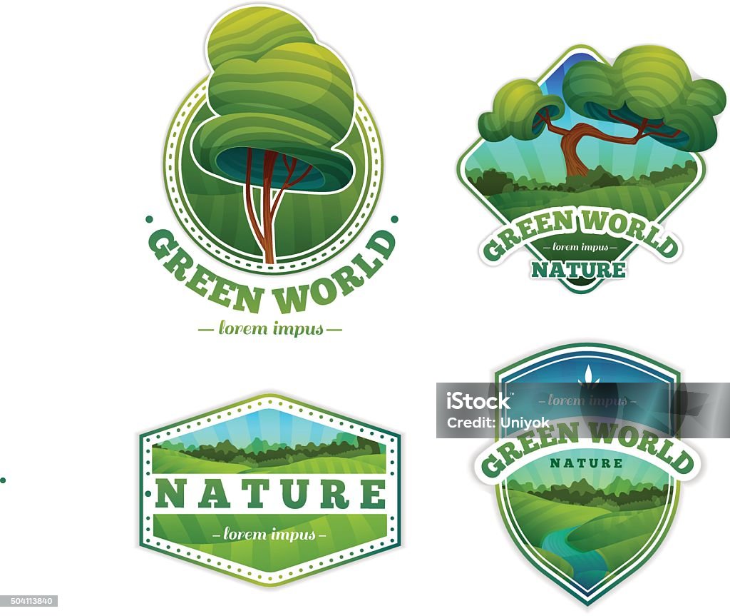 Set of badges with nature, landscape, trees. Cartoon style. Set of signs, badges with nature and landscape. Cartoon style. Vector. Place for your text Oak Tree stock vector