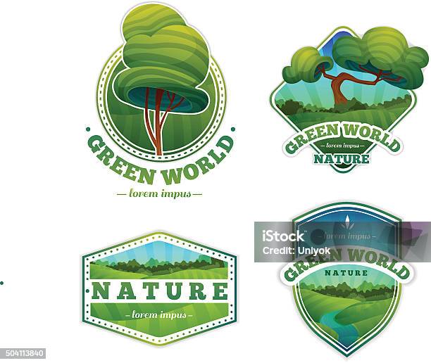 Set Of Badges With Nature Landscape Trees Cartoon Style Stock Illustration - Download Image Now