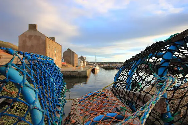 Photo of Traditional Blue Roped Lobster Pots At Burghead Harbour 2