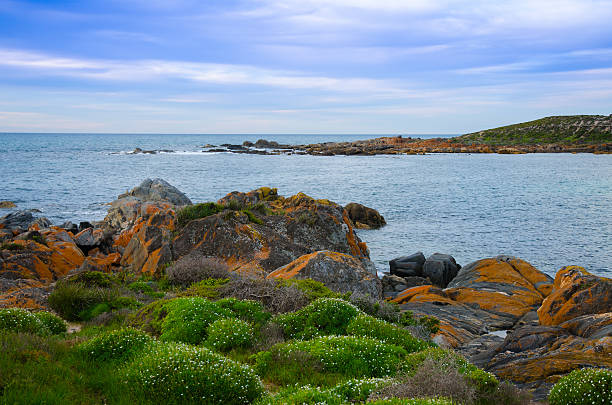 istock Vibrant orange coast line boulder rocks at the beach 504121754