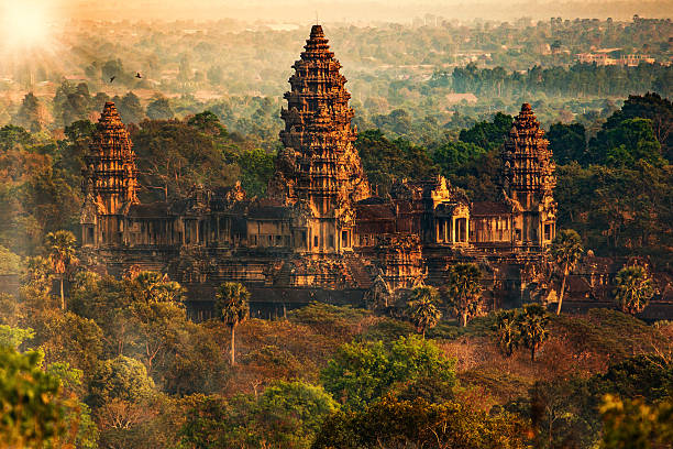 Angkor Wat Amazing view down from Angkor Tom on late evening. khmer stock pictures, royalty-free photos & images