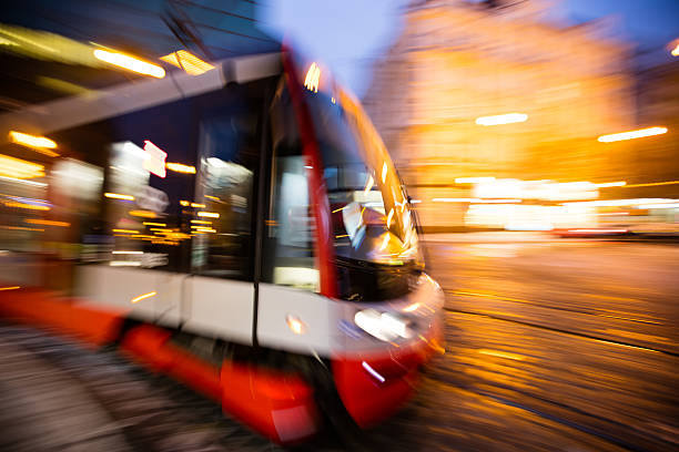 istock Modern tram in motion blur, Prague city, Europe 504124438