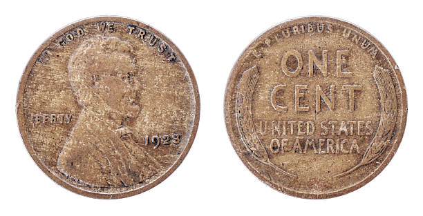 Both sides of the coin 1923 Lincoln Wheat Cent Penny. USA. Both sides isolated on white background. Old coin. both sides of the coin stock pictures, royalty-free photos & images