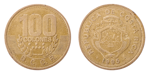 100 Colones REPUBLICA DE COSTA RICA. 1995. AMERICA CENTRAL. Both sides isolated on white background.