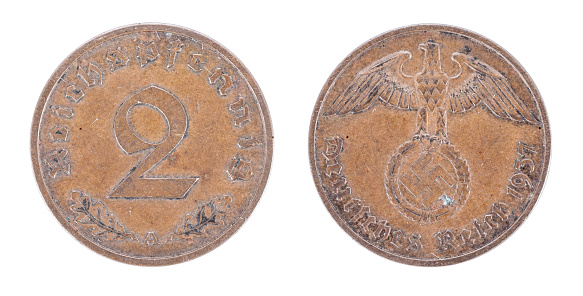 1937. 2 REICHS PFENNIG, GERMANY,NAZI  COIN. SWASTIKA. WW2. Both sides isolated on white background. Currencies obsolete vintage. Front and back view.