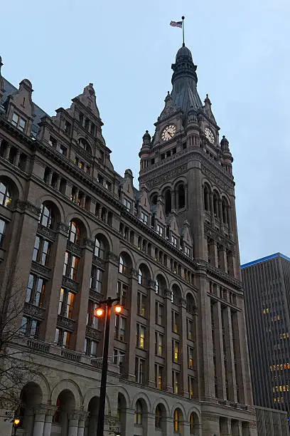 Photo of Milwaukee City Hall with clock tower, Wisconsin, USA,