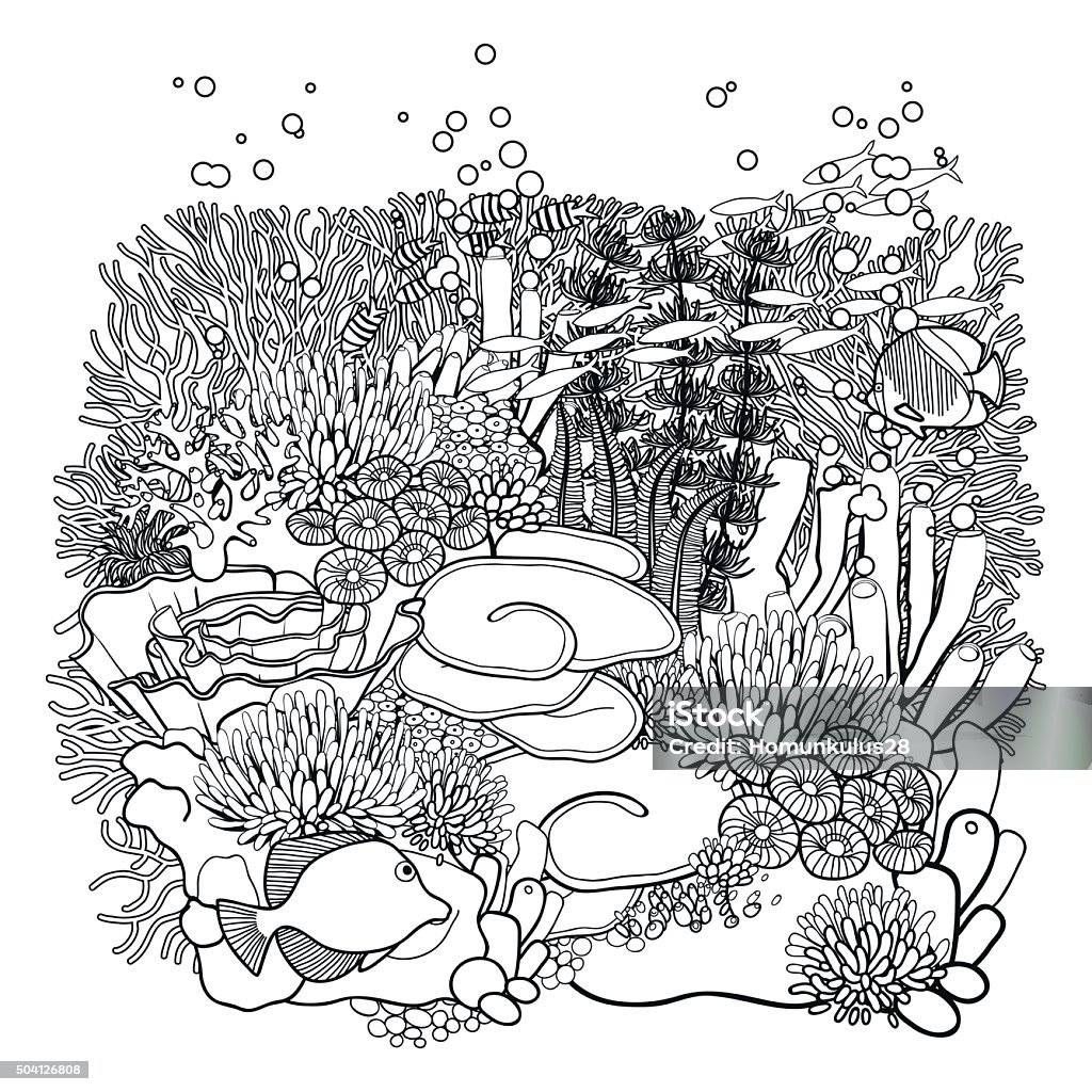 Coral reef design Coral reef  in line art style. Ocean plants and rocks isolated on white. Coloring page design. No People stock vector