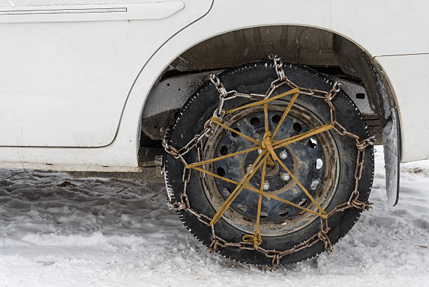 istock chained tire on snow road 504130539